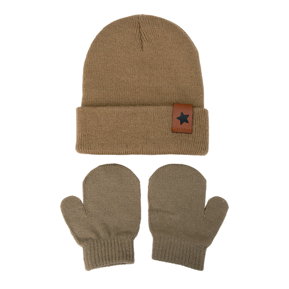 Baby Knitted Hat and Glove Set | Solid Winter Turban with Leather Star Tag additional angle