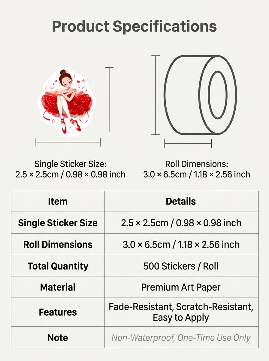1Roll(500Pcs) Kawaii Ballet-Themed Dancing Girls Pattern Stickers 2.5cm/1.0'' 10 Designs detail view