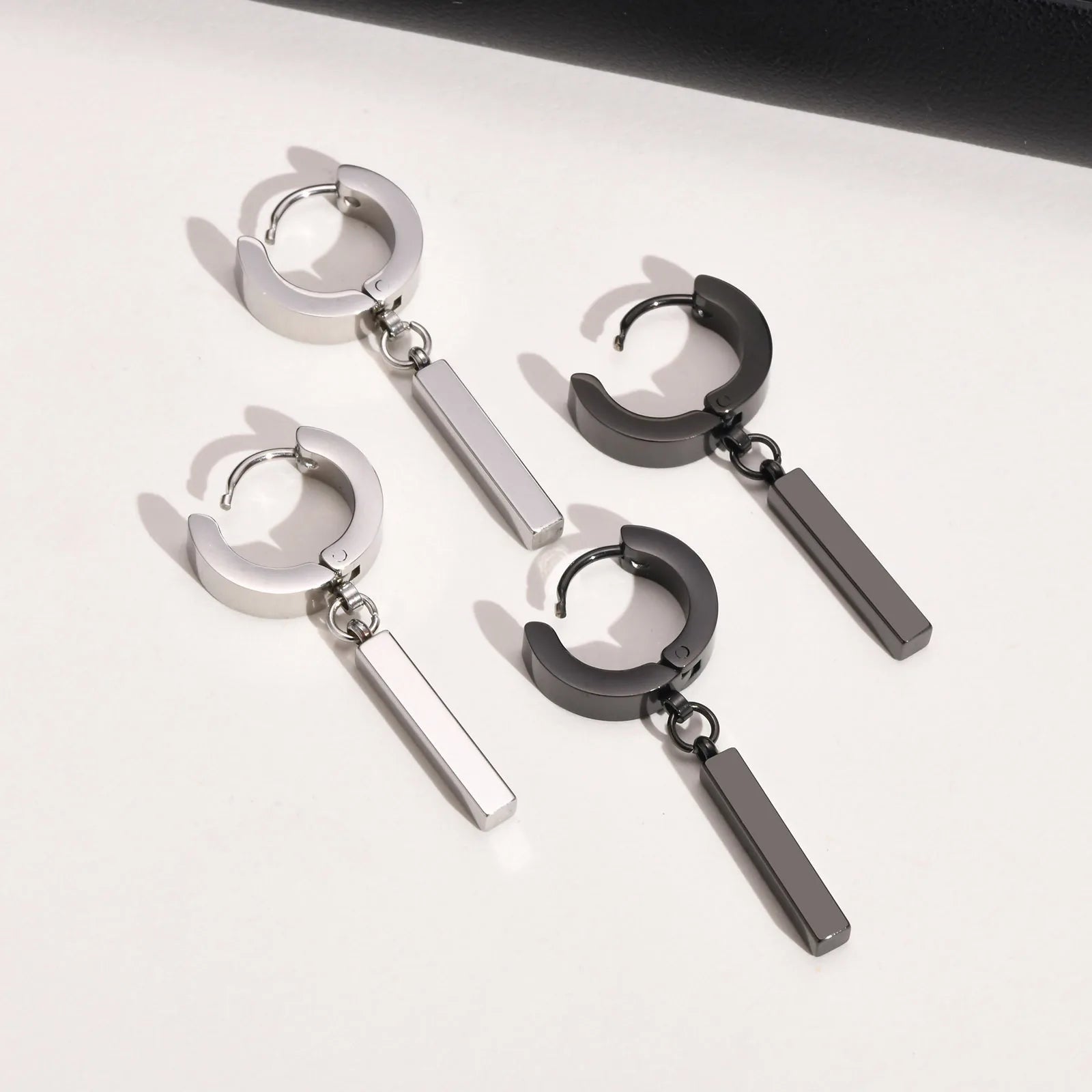 Men's Cool Punk Statement Geometric Bar Hoop Huggie Earrings Gifts Jewelry, Waterproof Stainless Ste