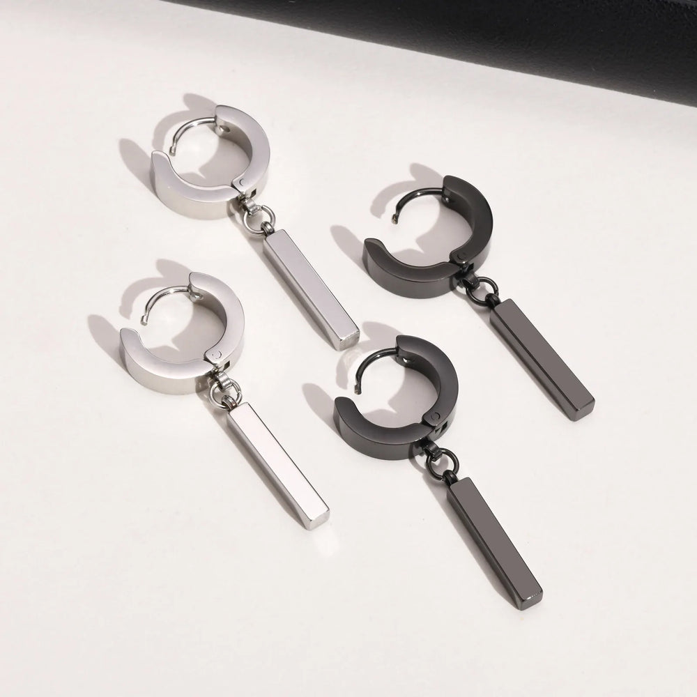 Men's Cool Punk Statement Geometric Bar Hoop Huggie Earrings Gifts Jewelry, Waterproof Stainless Ste