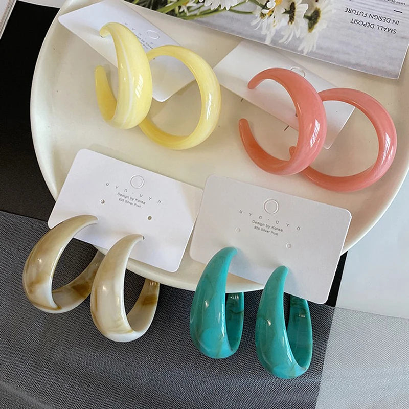 C-Shape Resin Hoop Earrings | Colorful Geometric Acrylic Jewelry for Women close-up view