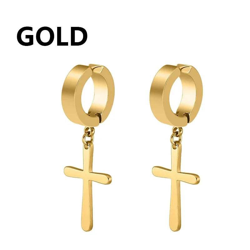 2pc Stainless Steel Men Cross Stars Punk Dangle Earrings Gothic Woman Cross Ear Hoop alternate view