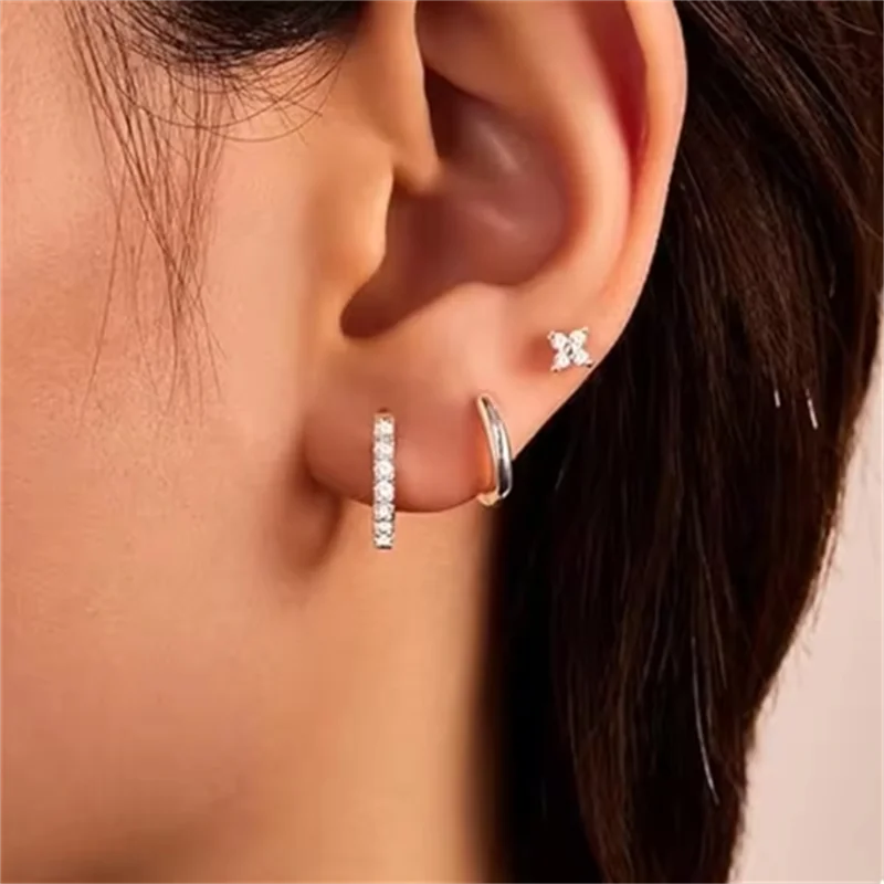 3PCS Double Flower Tragus Stud Earring Set | Cartilage Hoop and Helix Jewelry for Wome close-up view