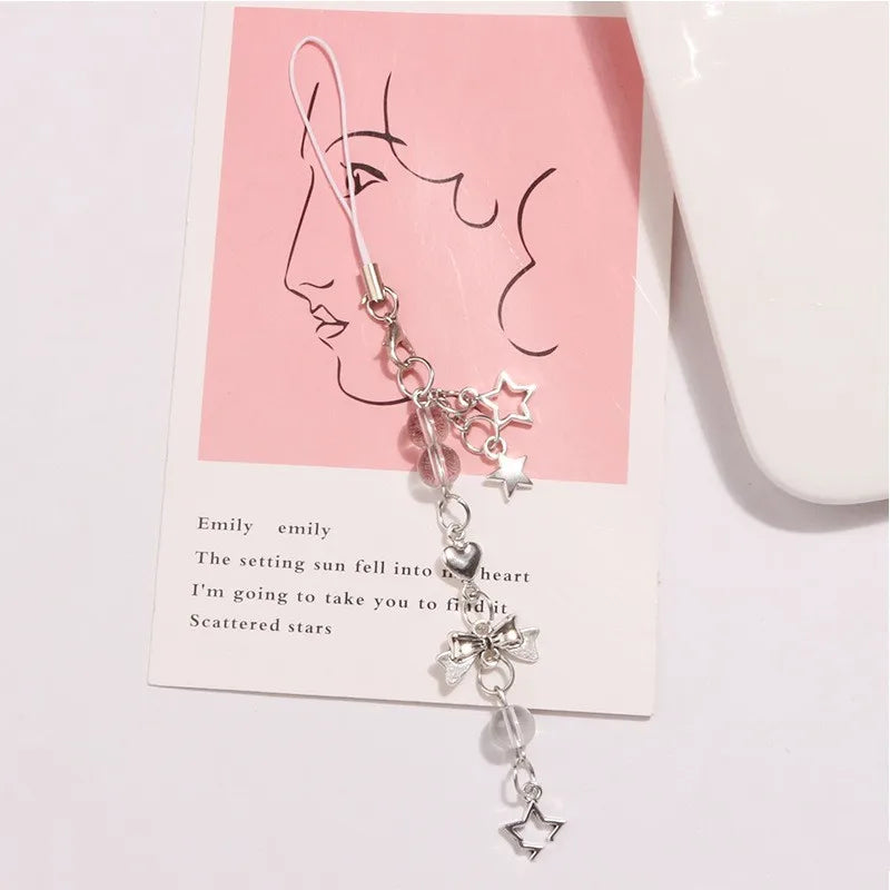 Goth Y2K Phone Charm Pink Silve Bow Heart Star Keychain Pendant Key Chain Bag Phone Ch close-up view