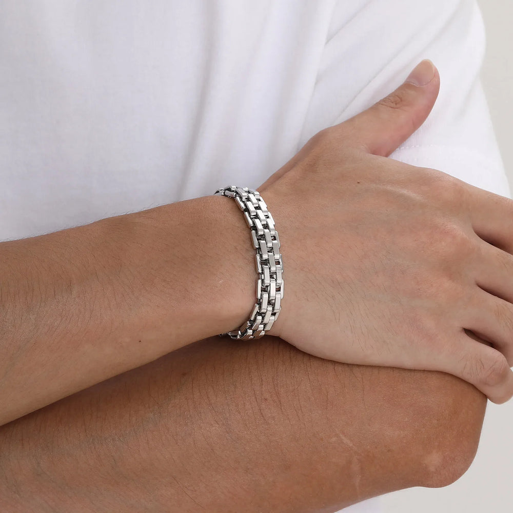 Chunky Stainless Steel Bracelet for Men | Silver Chain Link Watch Band detail view