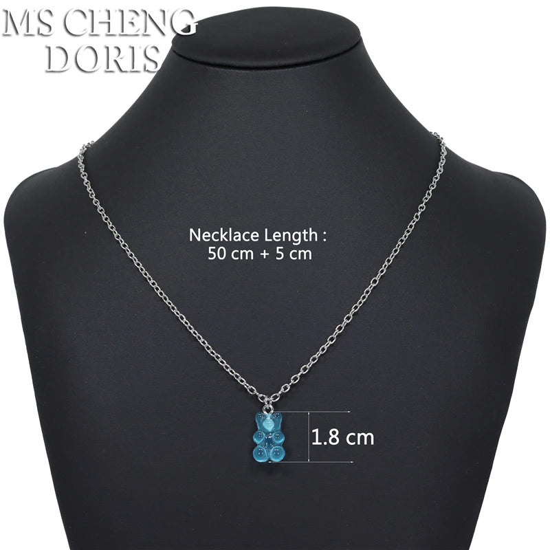 Handmade 33 Styles Colors Cute Resin Gummy Bear Chain Necklaces, Candy Color Pendan additional angle