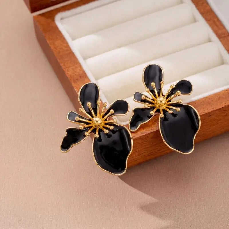 Pearl Flower Earrings Black Shaped Dangle Drop White Faux Polka Dot Gold Tone Details alternate view