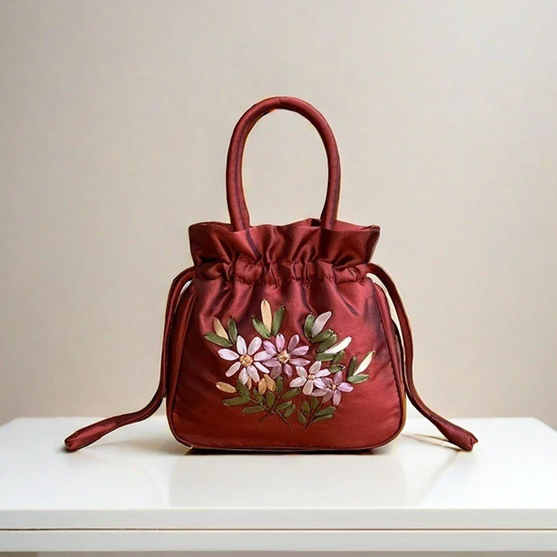 Small Embroidered Flower Bucket Bag | Women's Top Handle Drawstring Purse close-up view