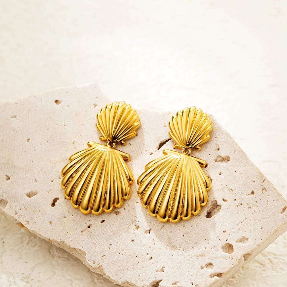 Vintage Gold Snail Shell Drop Earrings | CZ Zircon Beach Jewelry for Women lifestyle view