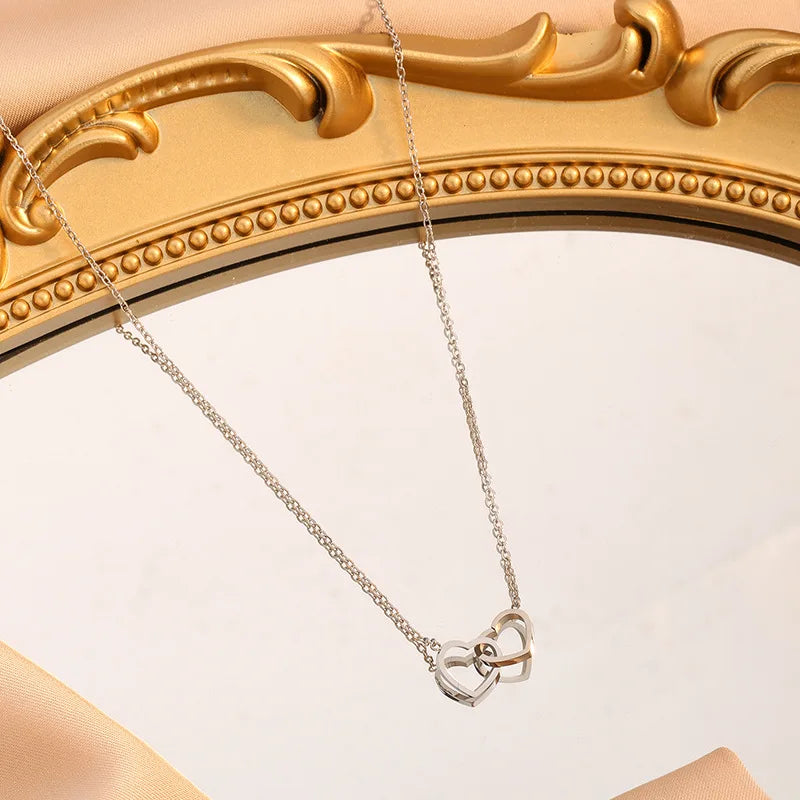 Romantic Double Heart Pendant Necklaces for Women Stainless Steel Charm Choker Neckla lifestyle view