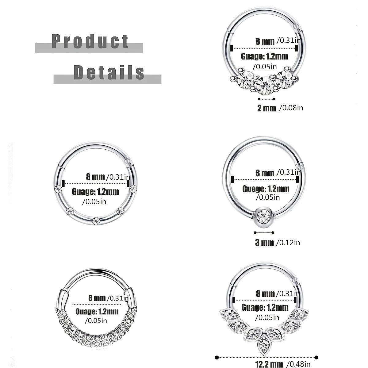 1-5pcs 16G Fashion 316L Stainless Steel CZ Hinged Septum Clicker Nose Hoop Rings,Daith close-up view