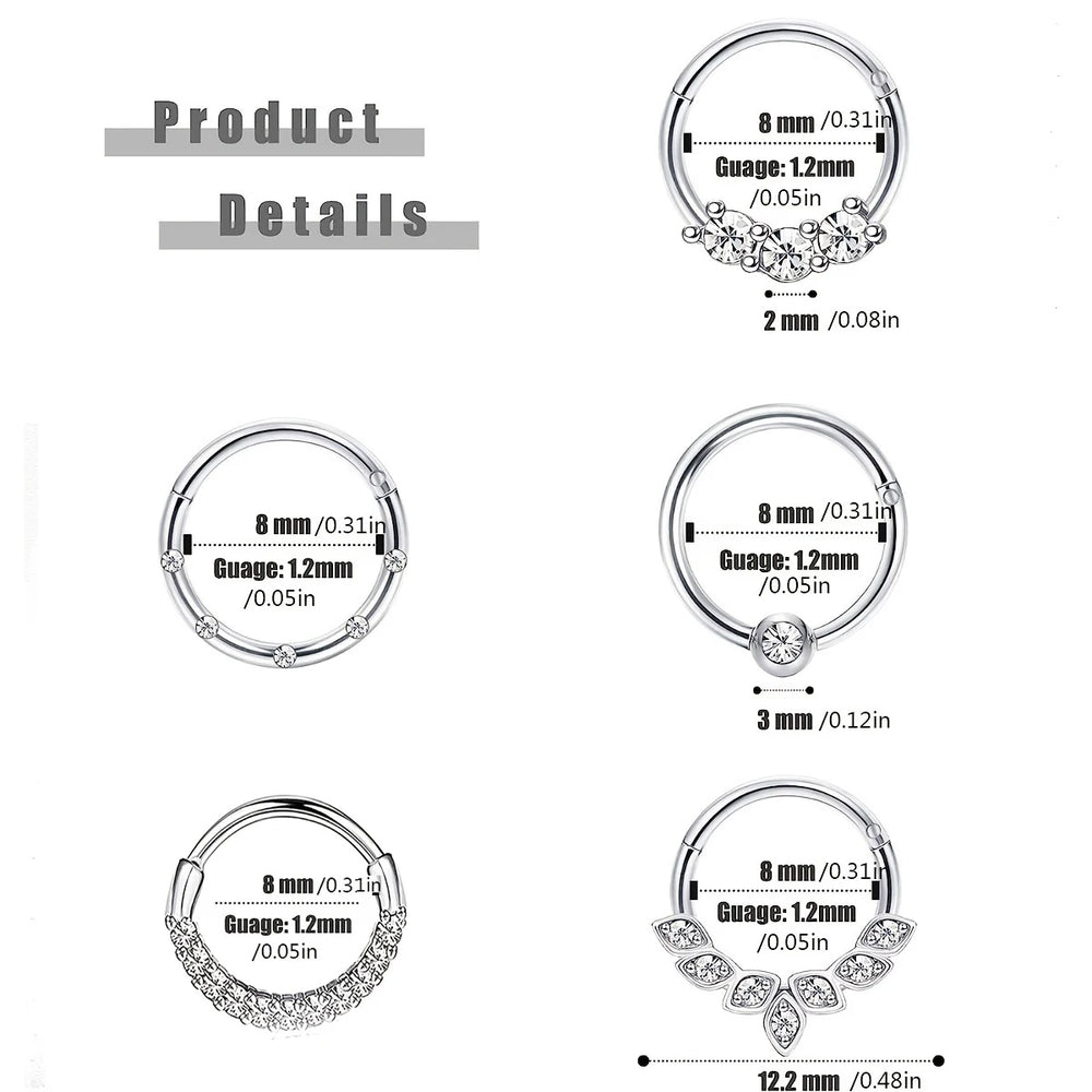 1-5pcs 16G Fashion 316L Stainless Steel CZ Hinged Septum Clicker Nose Hoop Rings,Daith close-up view