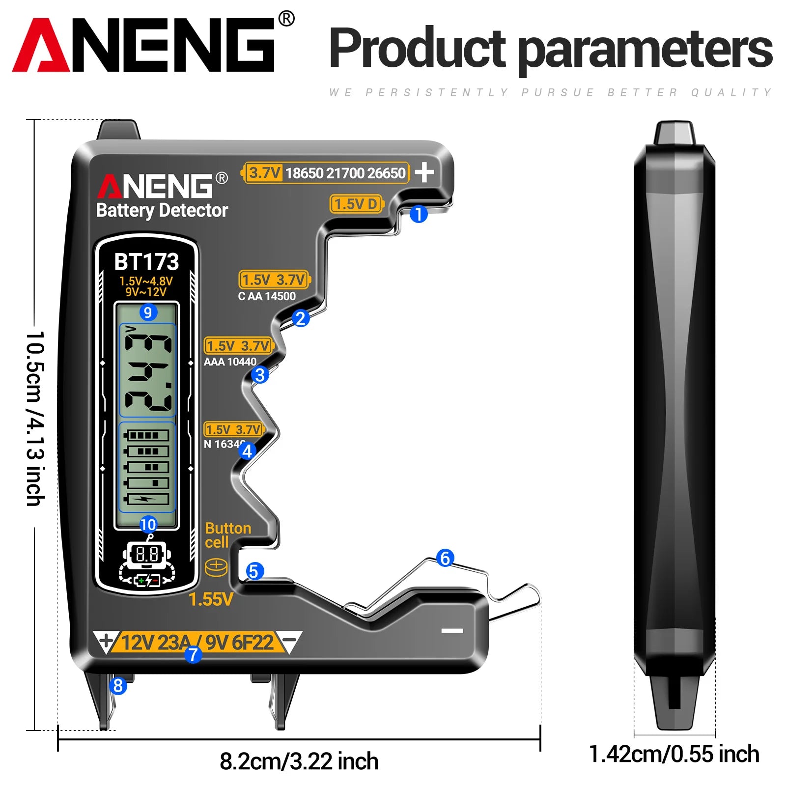 ANENG BT173 Universal Digital Battery Tester | 18650/AA/AAA/9V/12V Button Battery Lev lifestyle view