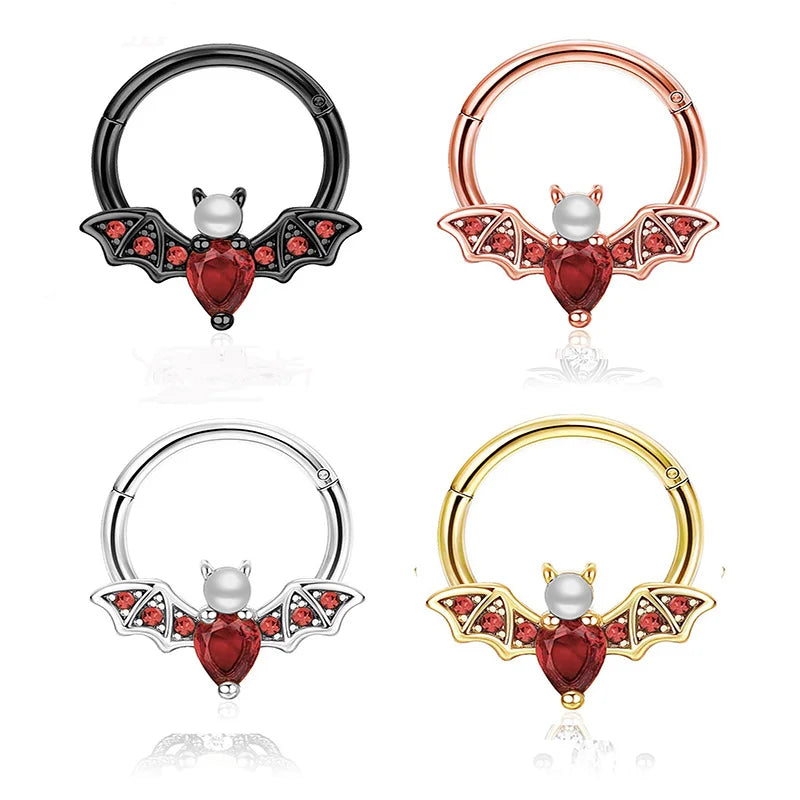 1Pcs 16G Halloween Bat Septum Nose Ring Inlaid Shiny Zircon, Sweet Hinged Nose Ring Septum Clicker S