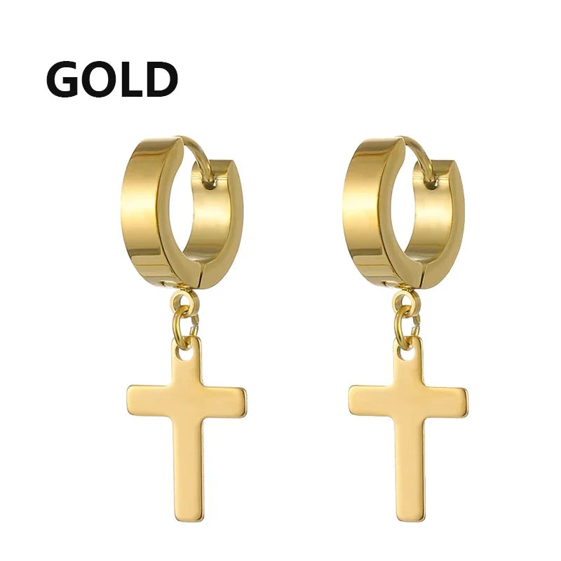 2pc Stainless Steel Men Cross Stars Punk Dangle Earrings Gothic Woman Cross Ear Hoo additional angle