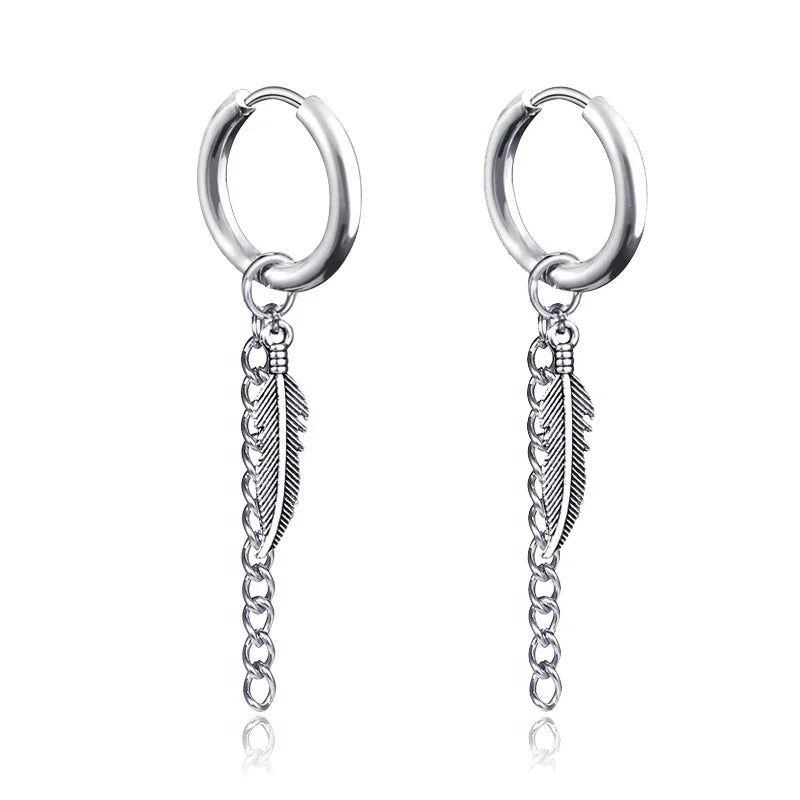 Cross Feather Stud Earrings Set | Unisex Stainless Steel Punk Jewelry close-up view