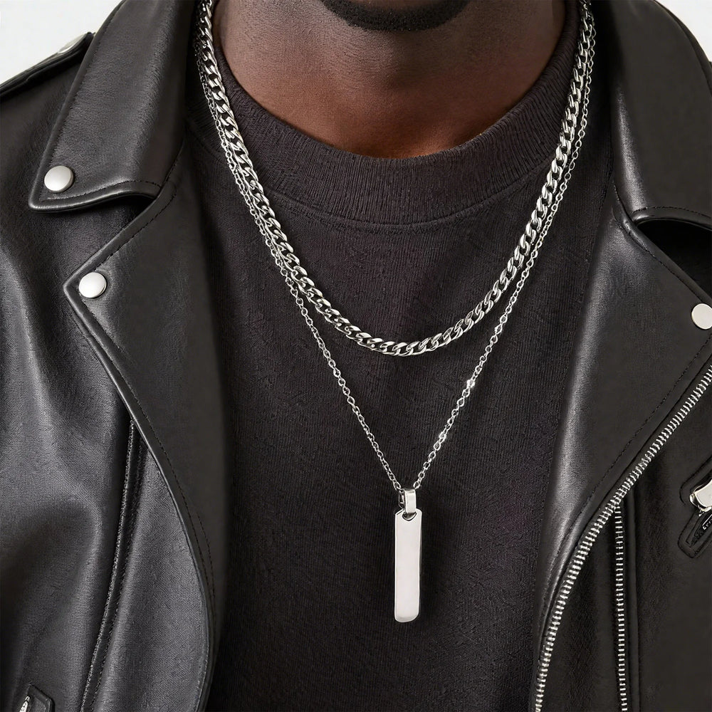 2pcs Vertical Layer Necklaces for Men Boys,Wateproof Stainless Steel Cuban Chain Coll alternate view