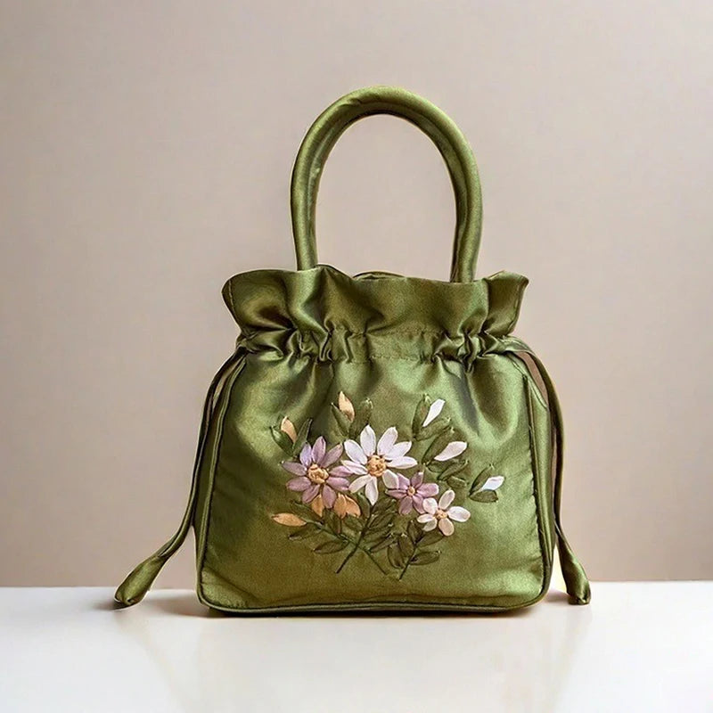 ZTBBAO Embroidered Flower Bucket Bag | Small Top Handle Handbag for Women close-up view
