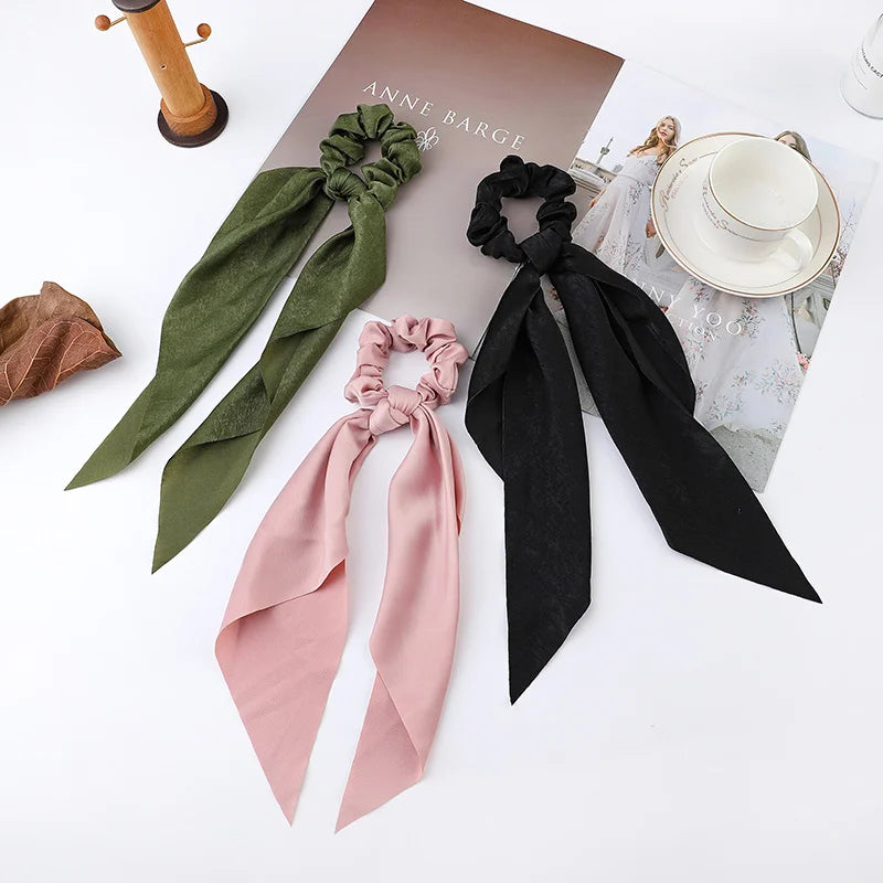 Fashion Flower Print Bow Satin Long Ribbon Ponytail Scarf Tie Scrunchies Women Girls Ela detail view