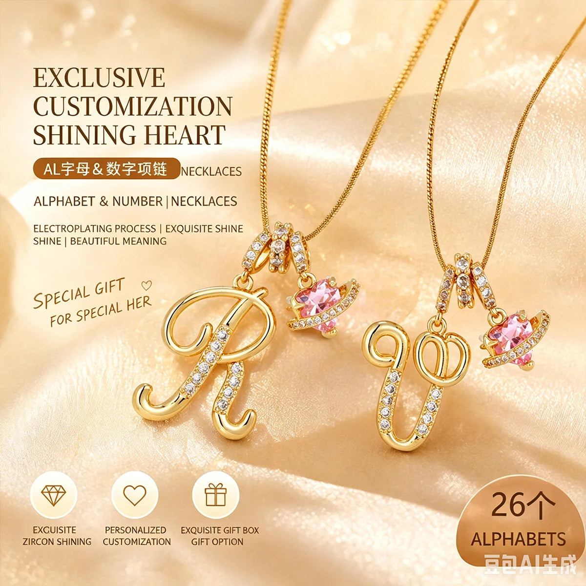 Fashion Letter Necklace for Women Pink Zircon Heart-shaped Pendant Suitable for Girls lifestyle view
