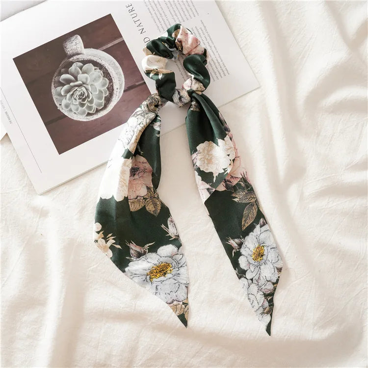 Fashion Leopard Print Bow Satin Long Ribbon Ponytail Scarf Hair Tie Scrunchies Women G close-up view