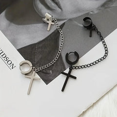 EVISPOL Gothic 2 Punk Cross Tassel Fake Earrings Cuff Clip On Metal Chain Earrings Hip-h detail view