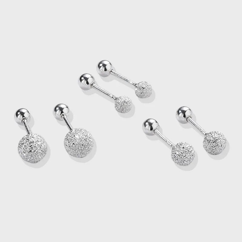 925 Sterling Silver Round Bead Double Stud Earrings for Girls Simple Screw Scrub Ball lifestyle view