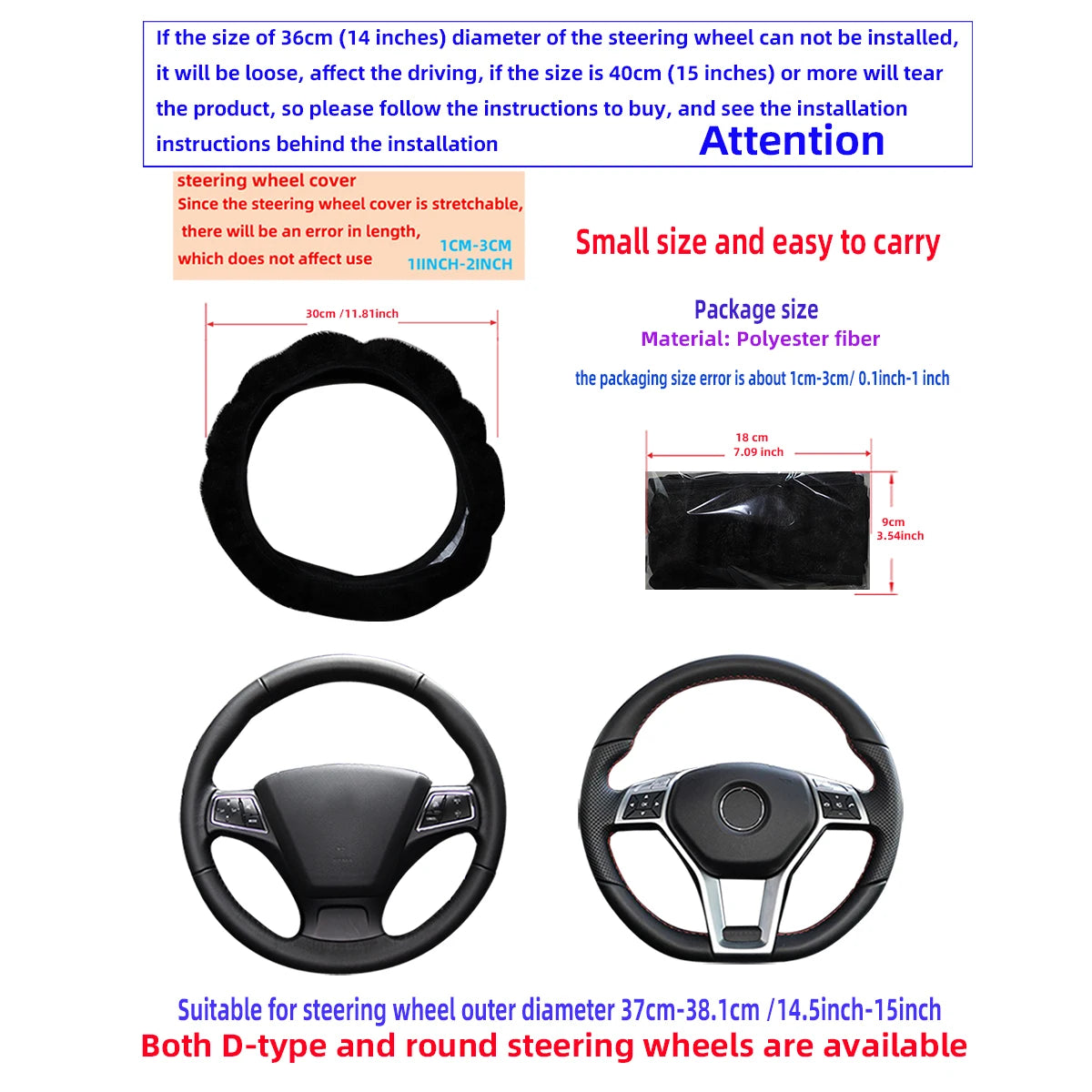 1 Winter Short Plush Comfort Hand Warmer Car Without Inner Ring Steering Wheel Cover Fit detail view