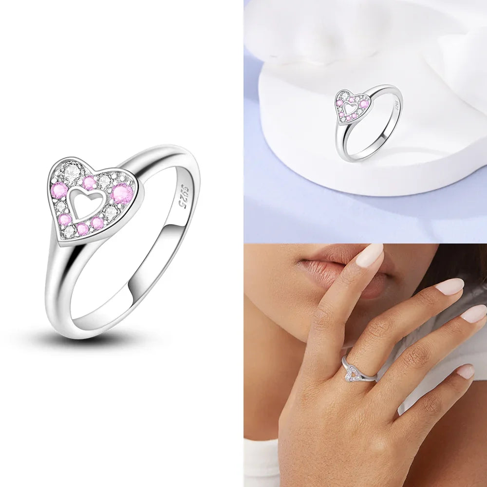 Original Romantic Heart-shaped White Zircon Shell Bowknot Rings 925 Sterling Silver W lifestyle view