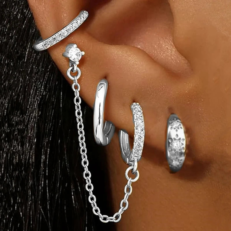 4PC Chain Huggie Earring Set | Flower Tragus Hoop Earrings for Women additional angle