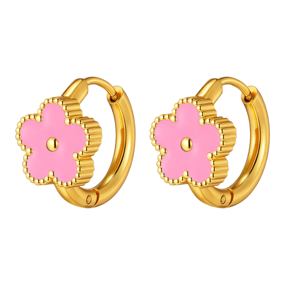 Dainty Lucky Leaf Hoop Earrings for Women Teens, Stainless Steel Flower Hoop Earrings close-up view