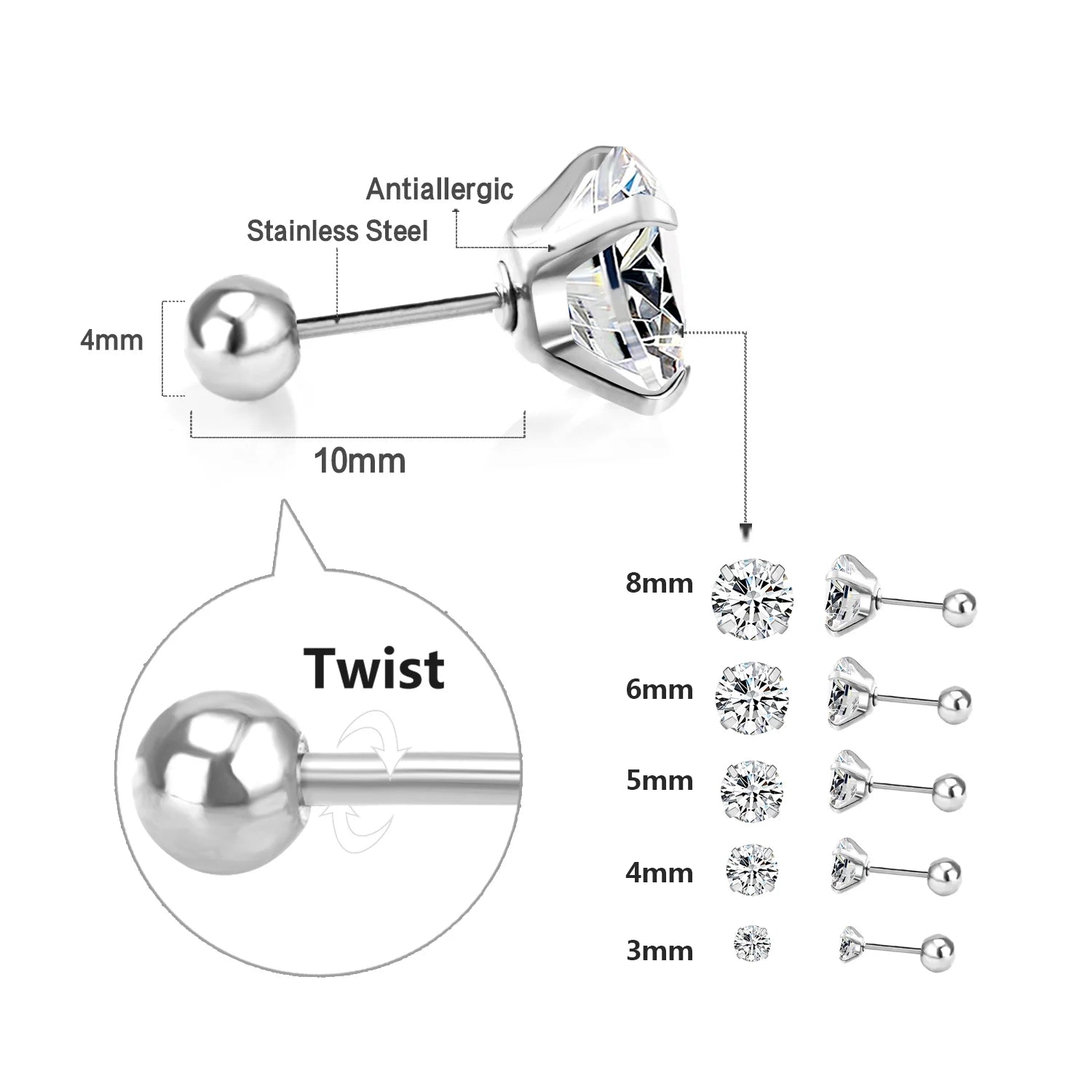 LUXUSTEEL Crystal Zircon Stud Earrings | Screw Back Round CZ Earrings for Men Women alternate view