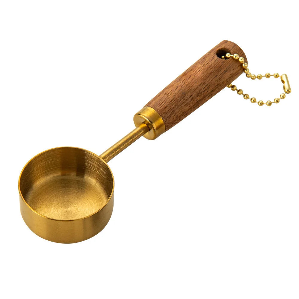 Stainless Steel Measuring Spoon Set | Gold Wood Handle Kitchen Baking Tool lifestyle view