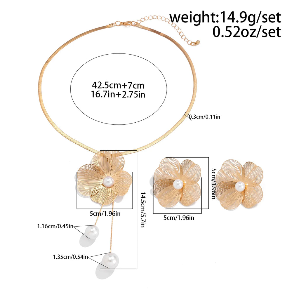 Ingemark Romantic Flower Petal Imitation Pearl Pendant Choker Necklace Stud Earrings Wom detail view