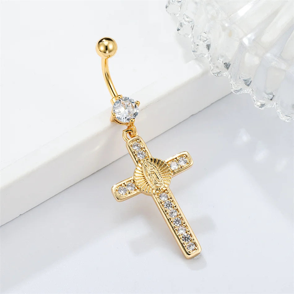 Internal Thread Titanium Navel Rings Dangle CZ Cross Jesus Mother Golden Belly Piercing detail view