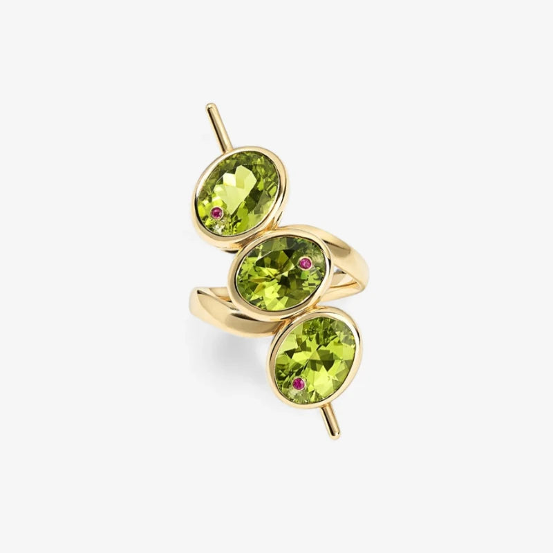 Exquisite Bead Shaped Geometric Design Inlaid with Green Synthetic Zirconia Ring for lifestyle view
