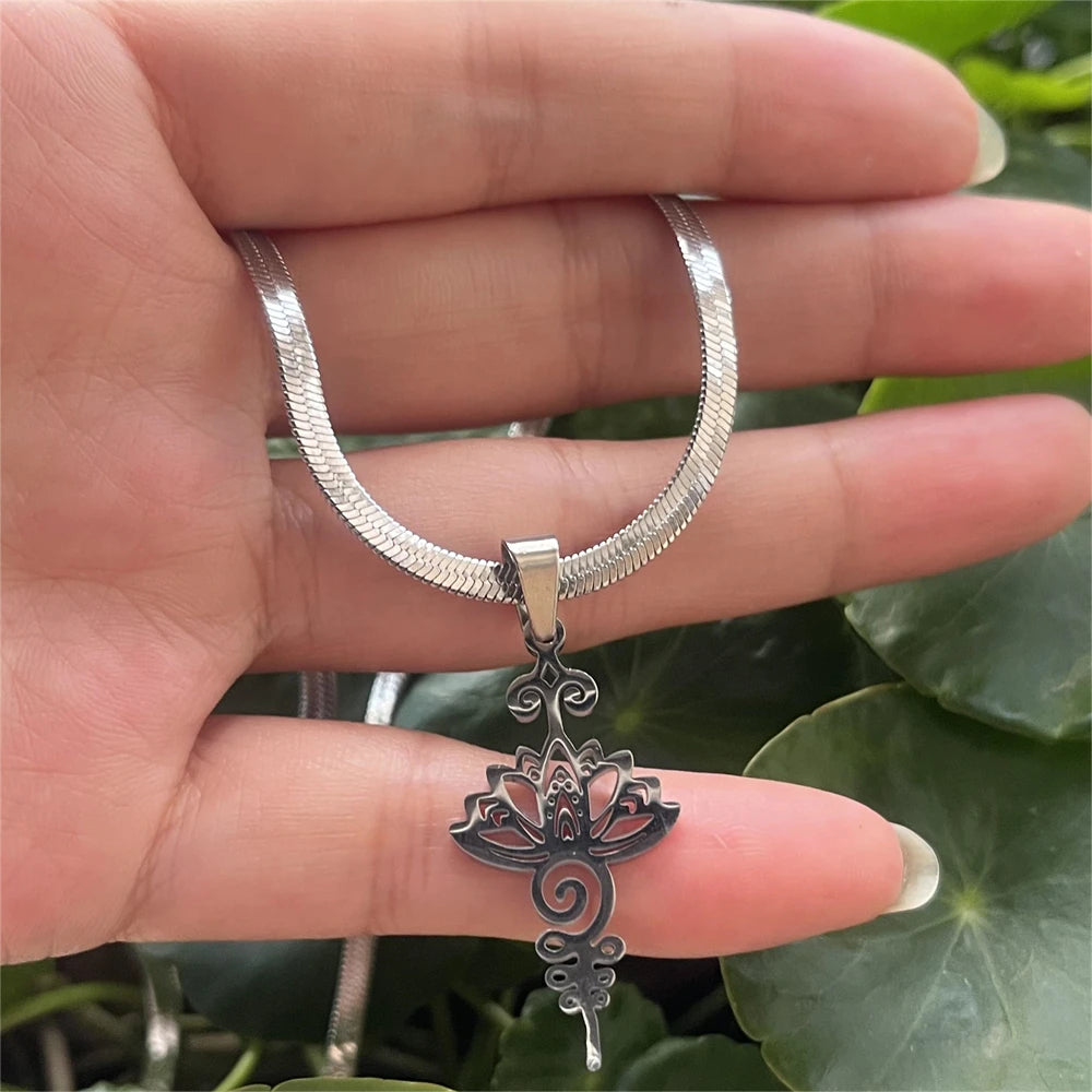 Stainless Steel Unalome Pendant Necklace | Yoga Jewelry with Lotus Flower detail view