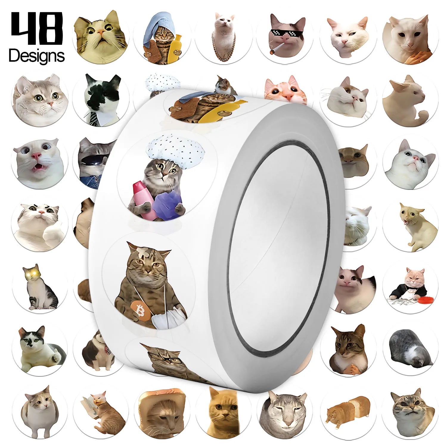 1Roll(500Pcs) Lovely Pet Cats Meme Stickers 2.5cm/1.0'' 48 Designs Decal Labels for Teachers Gifts P