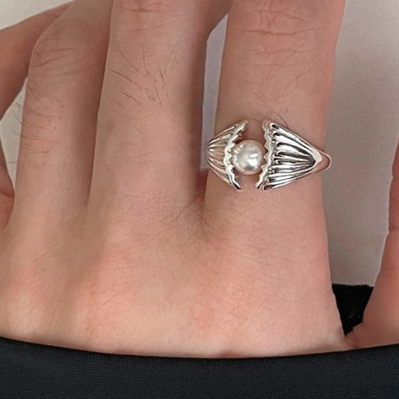 PANJBJ 925 Sterling Silber Perlen Unregelmäßiger Ring | Damen Muschel Überlappend Hohl Süßes Design Schmuck