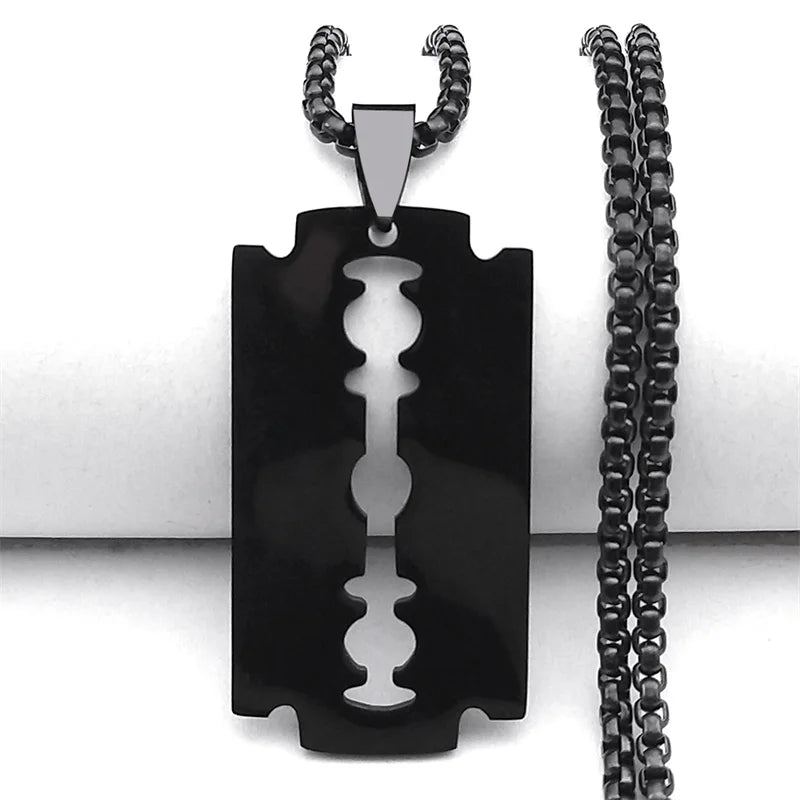 Gothic Blade Razor Pendant Necklace | Stainless Steel Black Goth Men's Chain lifestyle view