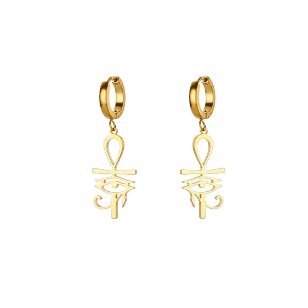 18K Gold Plated Portrait Coin Earrings | Stainless Steel Jesus Cross Dangle Huggie Ea alternate view
