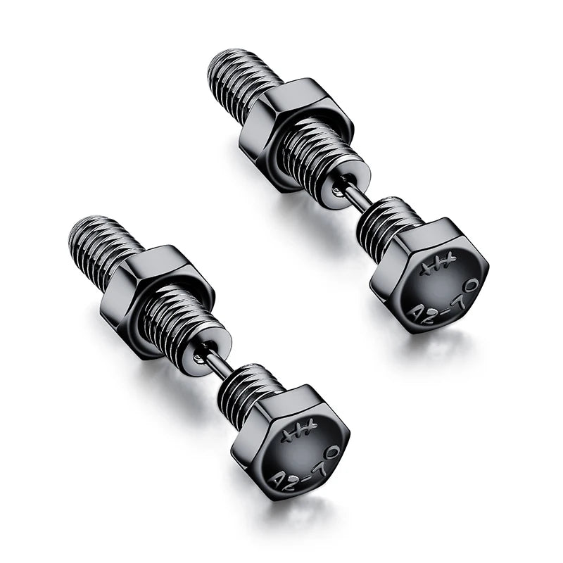 2pc New Gothic Unisex Punk Rock Stainless Steel Nail Screw Piercing Stud Earrings Nove close-up view