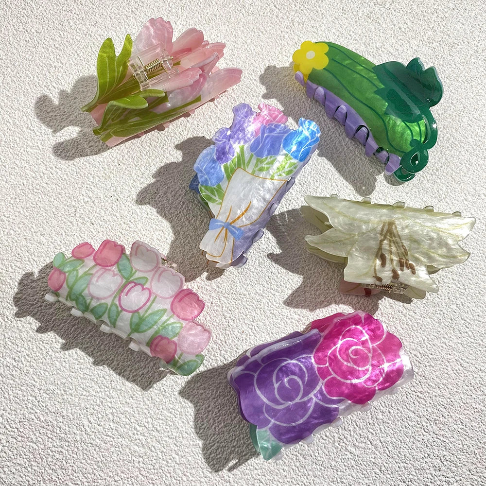 Sweet Acrylic Double Sided Flower Printed Hair Claw Clip For Women Oversize Geometric Sh detail view