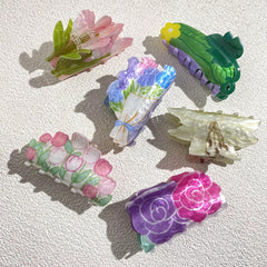 Sweet Acrylic Double Sided Flower Printed Hair Claw Clip For Women Oversize Geometric Sh detail view