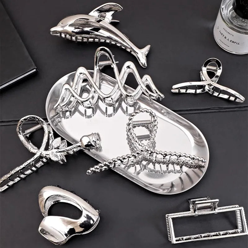 Vintage Silver Geometric Metal Hair Claw For Women Girls Long Hair Holder Headband Ha lifestyle view