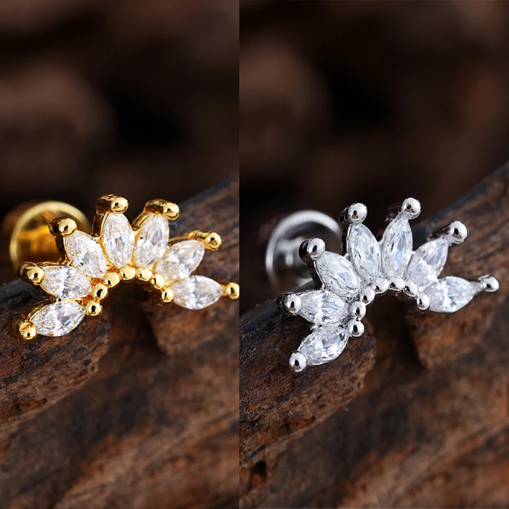 1pcs Crystals Zircon Ear Studs Smiling Crown Star-Style Earring Piercing Oreja Stainless Helix Cartilage Tragus Lobe Piercing