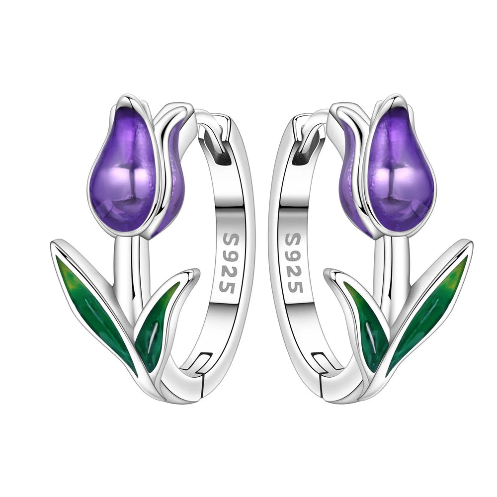 Orstarry Original 925 Sterling Silver Blue Iris Flower Earrings Women Hoop Earring Anniv detail view