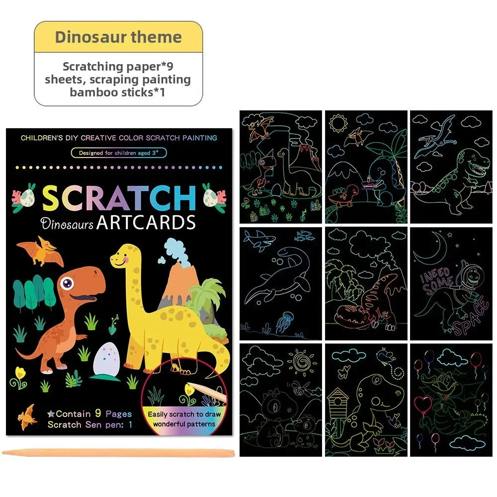 9Pcs/set Magic Rainbow Color Scratch Art Painting Paper Card Kit Cartoon Animal Drawi alternate view