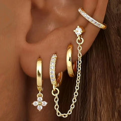 4PC Chain Huggie Earring Set | Flower Tragus Hoop Earrings for Women