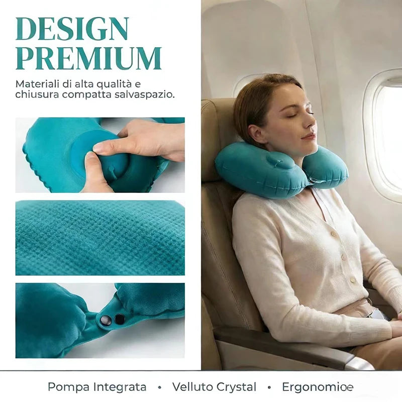 Portable Inflatable U-Shaped Neck Pillow for Travel | Press-Inflatable Neck Support with Built-In St